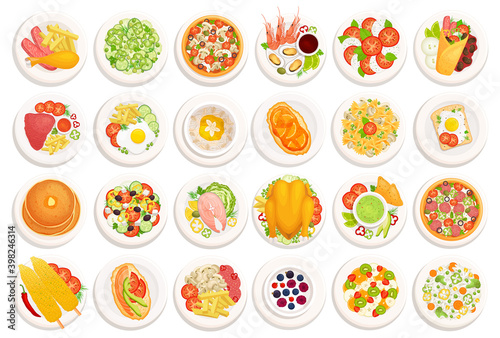 Food on plates top view. Set of different cooked dishes. Vector illustration on the theme of serving food and cooking. Collection of icons with traditional dishes of various cuisines of the world. Men
