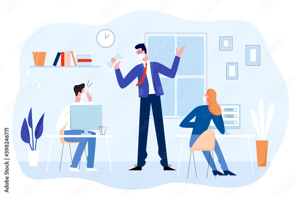Business people with masks work in office vector illustration. Cartoon man woman colleague characters sitting at table workplaces, listening to boss, wearing face medical masks isolated on white Business people with masks work in office vector illustration. Cartoon man woman colleague characters sitting at table workplaces, listening to boss, wearing face medical masks isolated on white