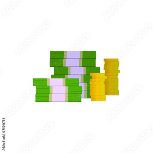 Gold coins, green bills in bundles. Money, side view. Vector illustration, flat cartoon color minimal design isolated on white background, eps 10.