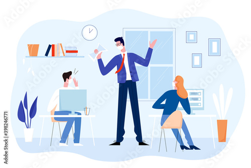Business people with masks work in office vector illustration. Cartoon man woman colleague characters sitting at table workplaces, listening to boss, wearing face medical masks isolated on white