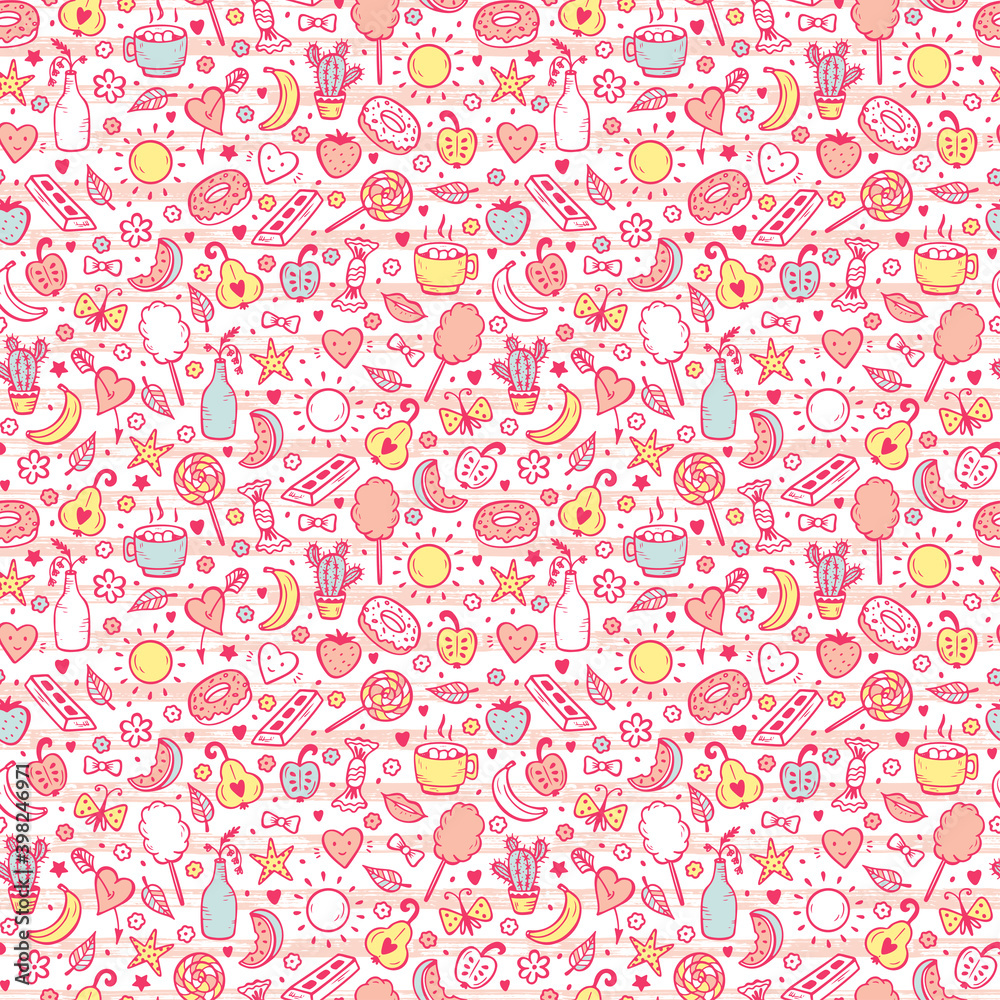 Fototapeta Food Vector Background. Hand Drawn Doodle Fruits and Candies Seamless pattern