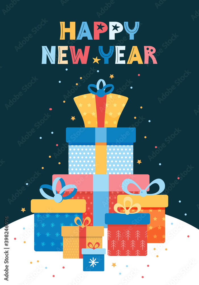 custom made wallpaper toronto digitalVector illustration for the new year for poster, background, card. Pile of colorful gift boxes on the background night sky with stars. Happy new year greeting text. Festive stack of Christmas presents