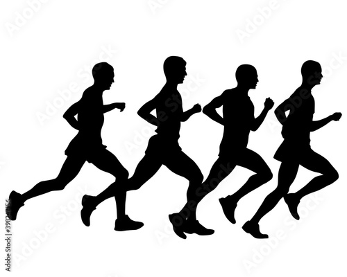 Young athletes women run a marathon. Isolated silhouettes on white background