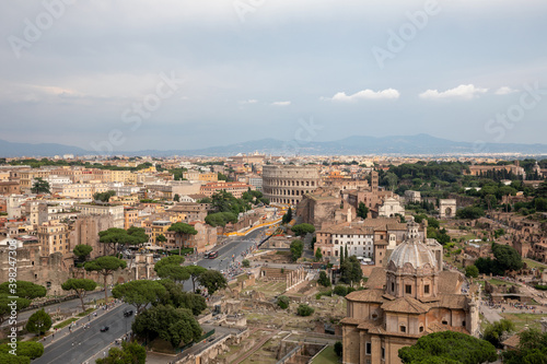 Panoramic view of city Rome with Roman forum and Colosseum from Vittoriano