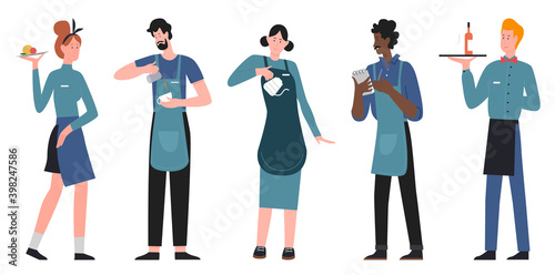 People waiter and waitress vector illustration set. Cartoon restaurant team of staff character, catering service collection, man woman standing, holding tray with order food or drink isolated on white