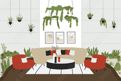 Scandinavian interior of modern house vector illustration. Cartoon cozy living room or home apartment furnished in trendy scandic hygge style with sofa, wall pictures and green houseplants background