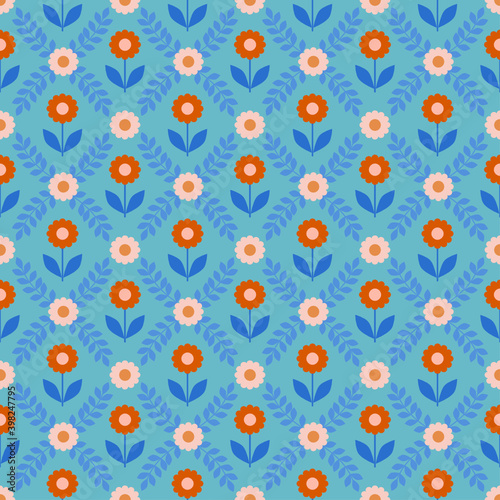 Floral  seamless pattern on blue background. Flat design. Botanical illustration.