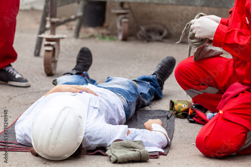 Work accident or workplace accident at construction site. First aid and CPR training.