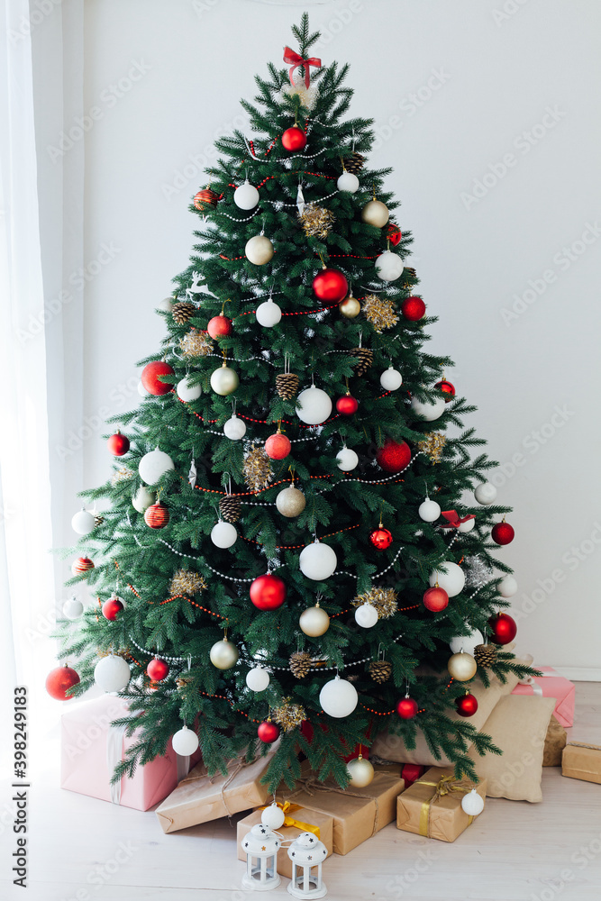 Pine Christmas tree with gifts decor garland interior new year