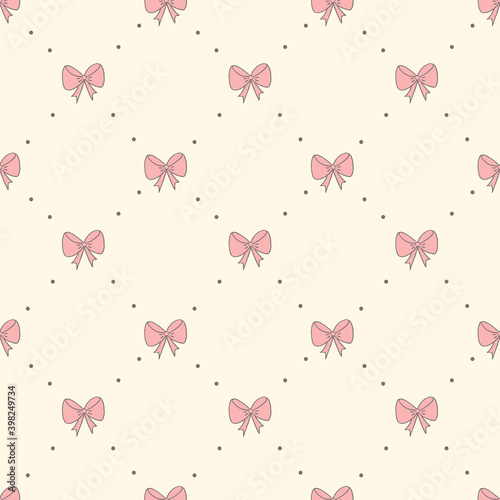 Seamless pattern with small bows. Classic pattern pink bows light background. Nice, funny drawing. Vector.