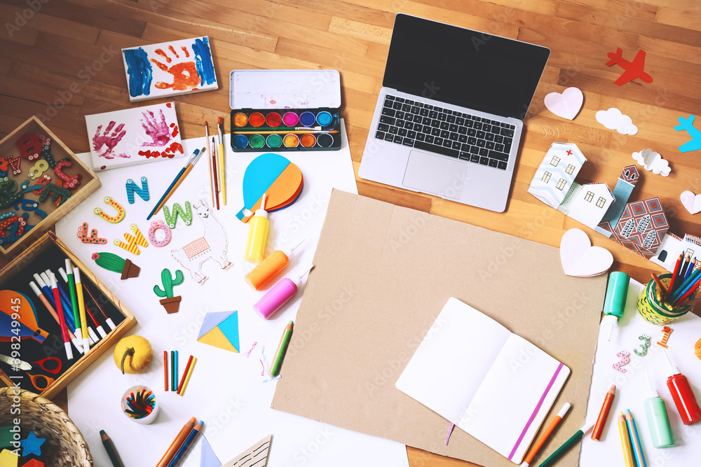 Concept of children distance online learning or making crafts. Concept of children distance online learning or making crafts.