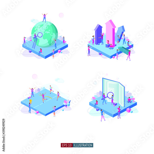 Trendy flat illustration set. Teamwork metaphor concept. Office workers planing business mechanism, analyze business strategy and exchange ideas. Template for your design works. Vector graphics.