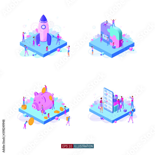 Trendy flat illustration set. Teamwork metaphor concept. Office workers planing business mechanism, analyze business strategy and exchange ideas. Template for your design works. Vector graphics.