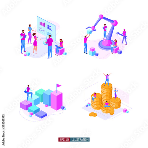 Trendy flat illustration set. Teamwork metaphor concept. Office workers planing business mechanism, analyze business strategy and exchange ideas. Template for your design works. Vector graphics.
