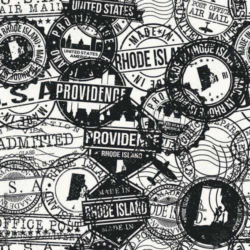 Providence, RI, USA Set of Stamps. Travel Passport Stamps Pattern. Made In Product. Design Seals in Old Style Insignia Seamless. Icon Clip Art Vector Collection.