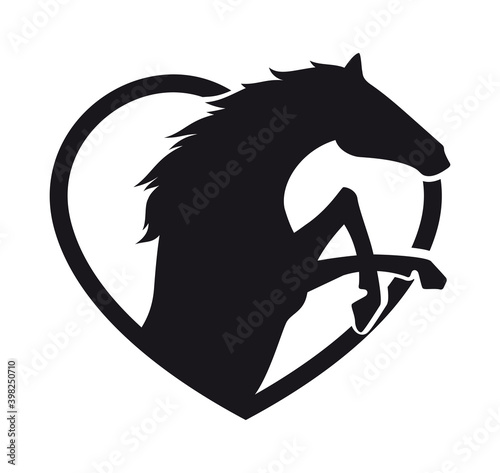 Vector black sticker silhouette of horse in heart. Isolated on white background.