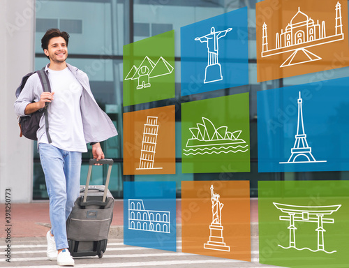 Guy Walking With Suitcase At Airport Outdoor, Collage With Landmarks photo