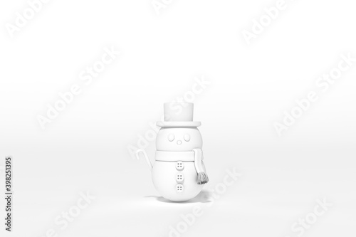 Cute White Snowman standing with snow on white Xmas background 3d rendering. 3d illustration celebration, christmas and new year concept.