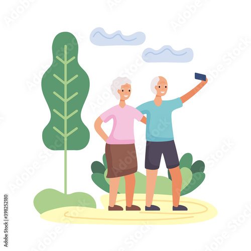 active seniors couple take a selfie characters