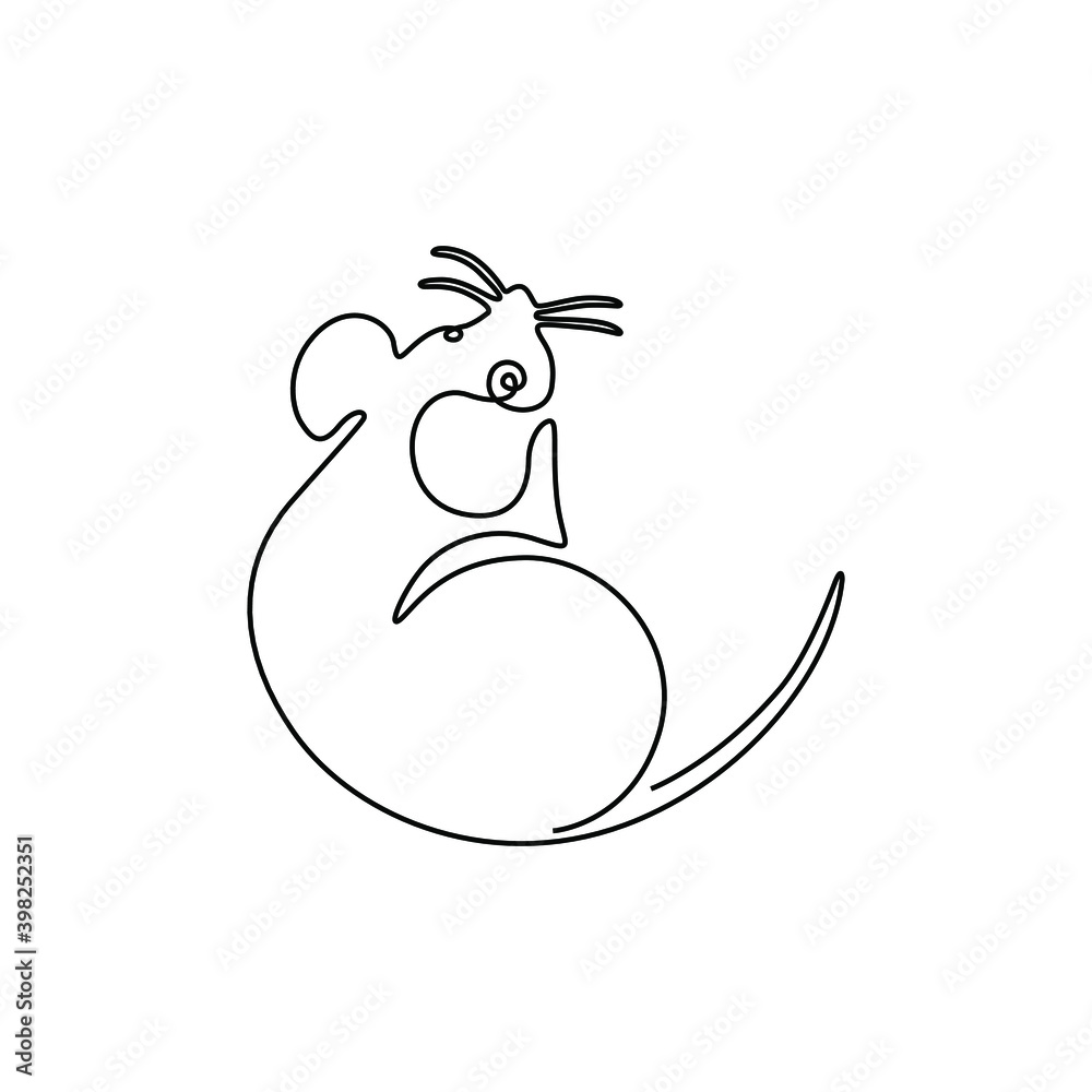 Mouse continuous line drawing, rat small tattoo, print for clothes and logo design, emblem or logo design, silhouette one single line on a white background, isolated vector illustration. Mouse continuous line drawing, rat small tattoo, print for clothes and logo design, emblem or logo design, silhouette one single line on a white background, isolated vector illustration.