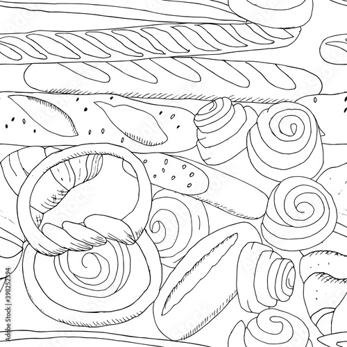 Vector seamless pattern with different kinds of bakery.