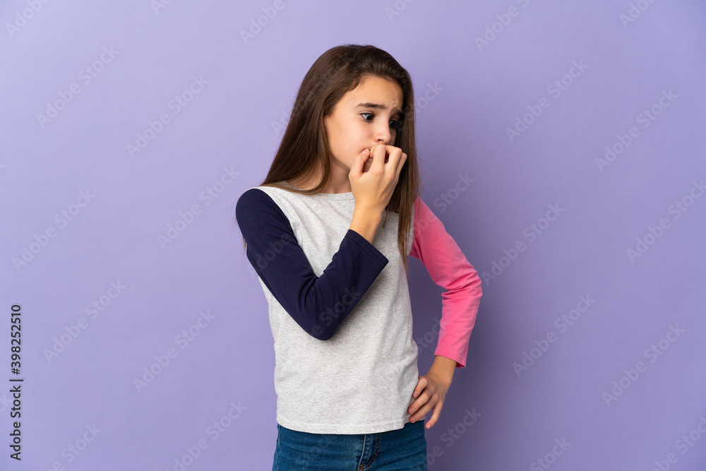 Little girl isolated on purple background having doubts Little girl isolated on purple background having doubts