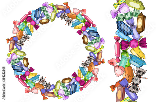Sweets template and endless border. Colorful candy vector pattern. Design for gift boxes, greeting card and invitations