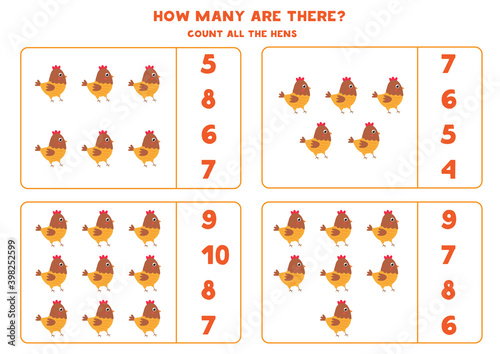 Counting game for kids. Count all cute hens. Worksheet for children.