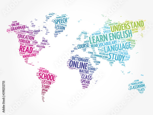 Learn English word cloud in shape of world map, education concept background