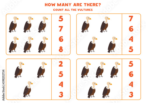Count all vultures and circle the right answer. Math game for preschool kids.