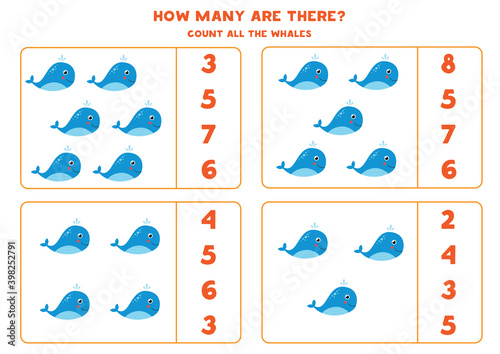 Counting game for kids. Count all cute whales. Worksheet for children.