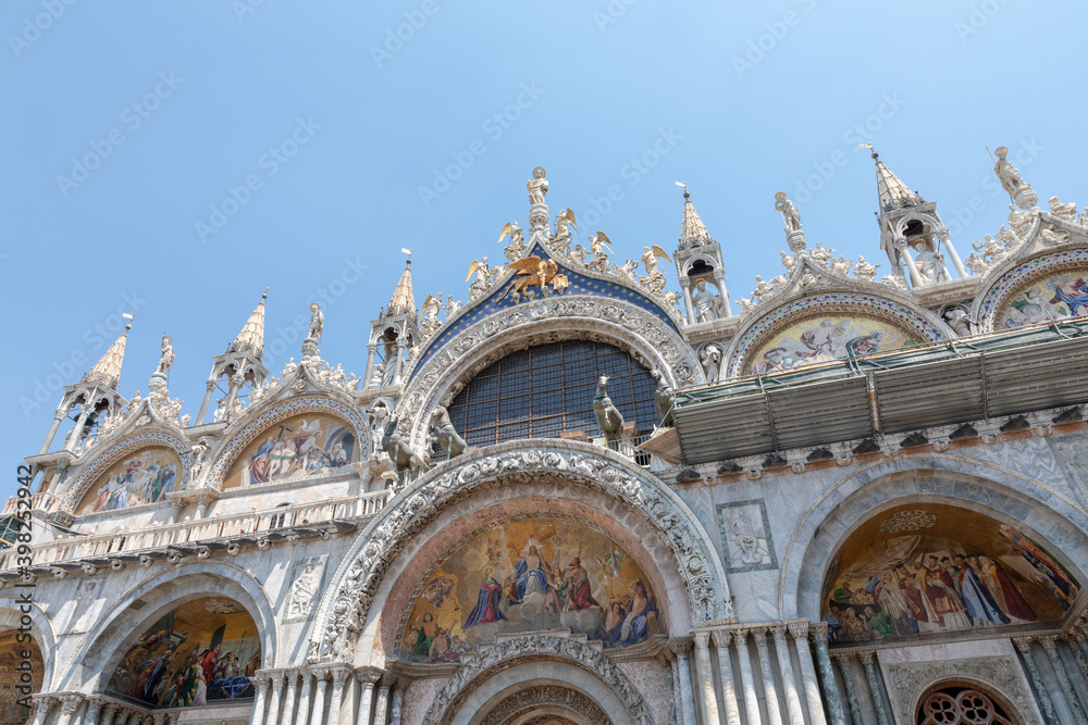 Closeup facade of Patriarchal Cathedral Basilica of Saint Mark