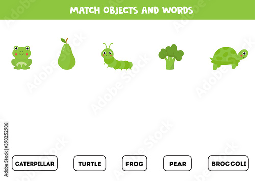 Match green objects with written objects. Educational worksheet for kids.