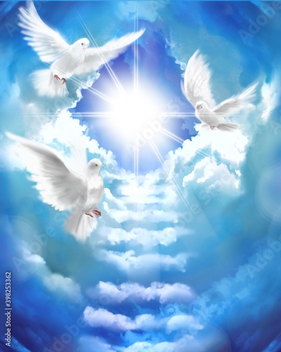 Obraz na plátne The flying three white doves around clouds stairs leading to shining heaven and