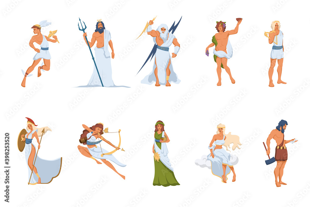 Bogowie Greccy I Ich Dziedziny Greek gods and goddesses set. Athena, Hermes, Venus, Poseidon, Zeus