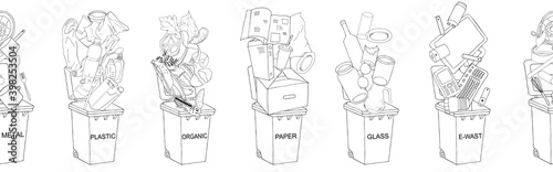 Endless outline pattern. Trash cans with sorted garbage set.