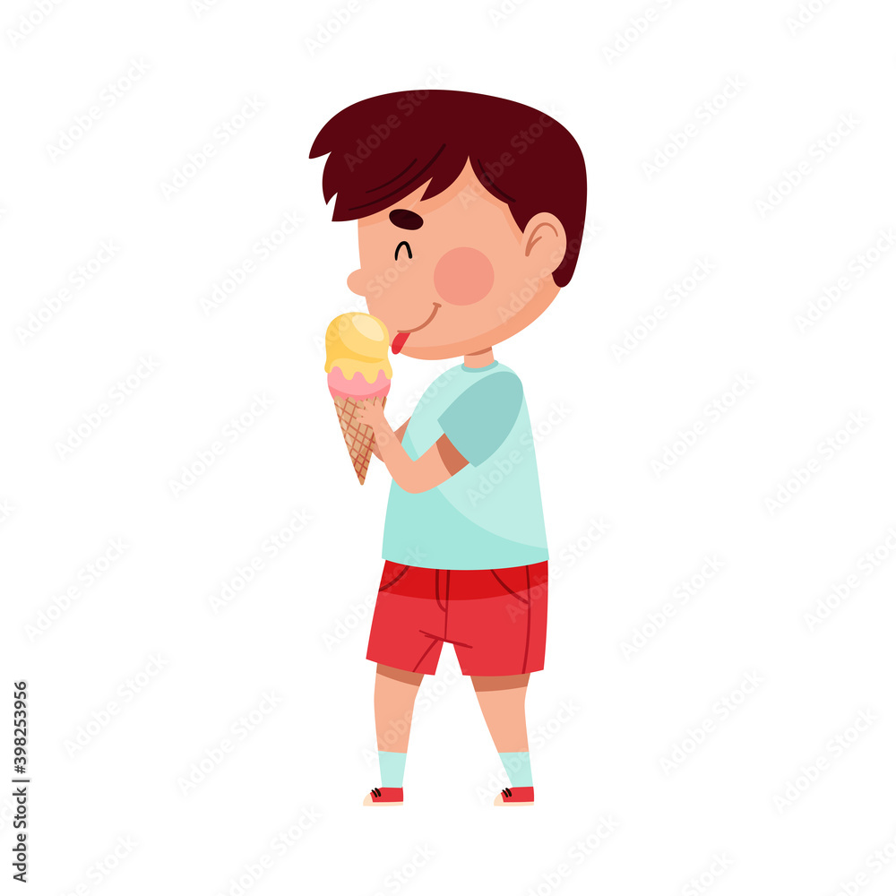 Cute Boy Character Licking Ice Cream in Waffle Cone Vector Illustration Cute Boy Character Licking Ice Cream in Waffle Cone Vector Illustration