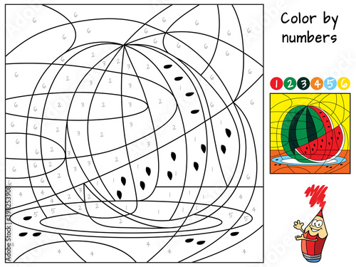 Watermelon on a plate. Color by numbers. Coloring book. Educational puzzle game for children. Cartoon vector illustration