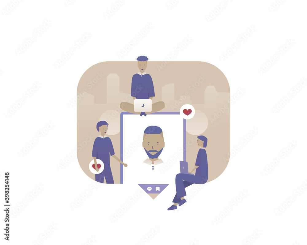 Social Media. People give feedback on new post in applications. Vector illustration with Web communication idea for telework, remote working, social media
