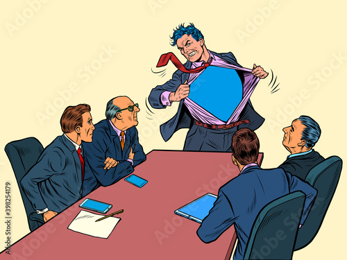 businessman superhero at a work meeting. Business success. Cool presentation of the project