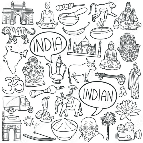 India doodle icon set. Indian Vector illustration collection. Culture Banner Hand drawn Line art style.