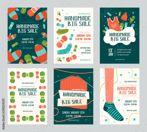 Handmade big sale invitation flyers set. Knitted socks, mittens, yarn vector illustrations with text, date and time. Fashion and hobby concept for announcement posters and leaflets design