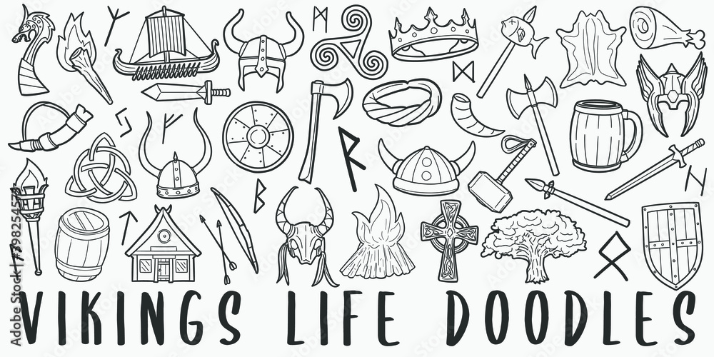 Vikings Life, doodle icon set. Warriors Style Vector illustration collection. Banner Hand drawn Line art style.