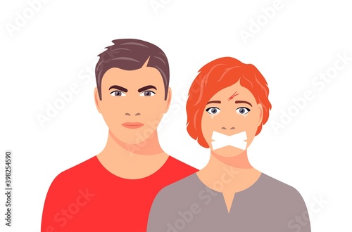 The concept of abuse or sexual assault. Woman in tears who is forbidden to speak. Social problems, aggression and abuse against women. Kidnapping or Domestic Violence. Vector illustration.