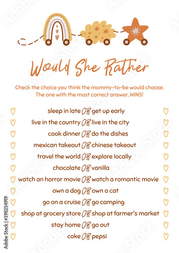 Baby Shower game Would she rather Gender neutral mommy to be activity card, template with boho rainbow train photo