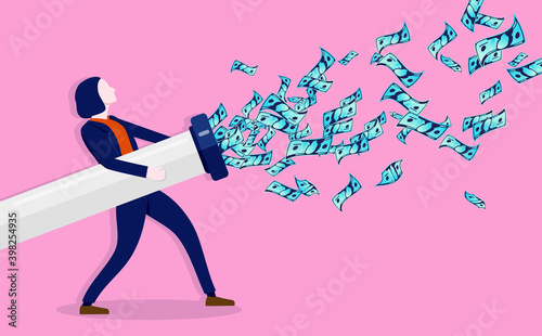 Woman with money cannon shooting dollar bills in the air on pink background. Rich entrepreneur businesswoman concept. Vector illustration.