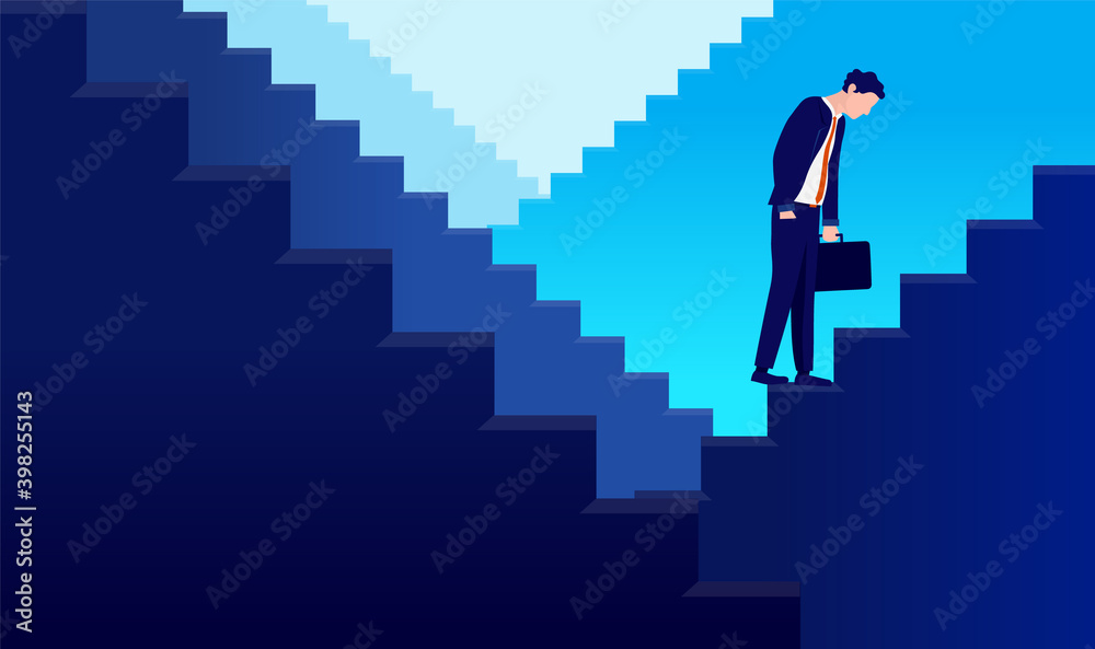 No end in sight - Businessman walking in endless stairs feeling sad and lost. No progress and stuck in a rut concept. Vector illustration.