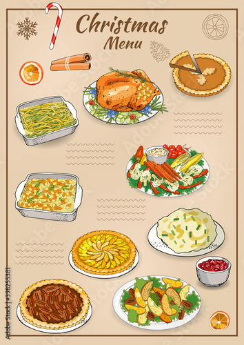 Vector hand drawn illustration of traditional Christmas dishes isolated on white background