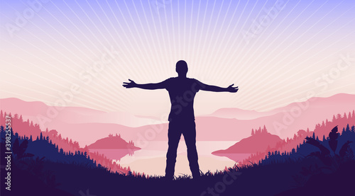 Spiritual growth - Man standing in landscape with sun and god rays, having a soul seeking moment. Spirituality concept. Vector illustration.