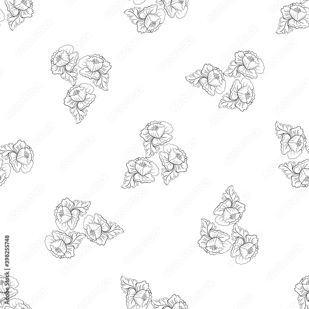 Seamless pattern with black flowers and leaves on a white background. Suitable for fabric, wrapping paper, wallpaper, bags, clothes, dishes, cases on smartphones and tablets, wallets. Seamless pattern with black flowers and leaves on a white background. Suitable for fabric, wrapping paper, wallpaper, bags, clothes, dishes, cases on smartphones and tablets, wallets.